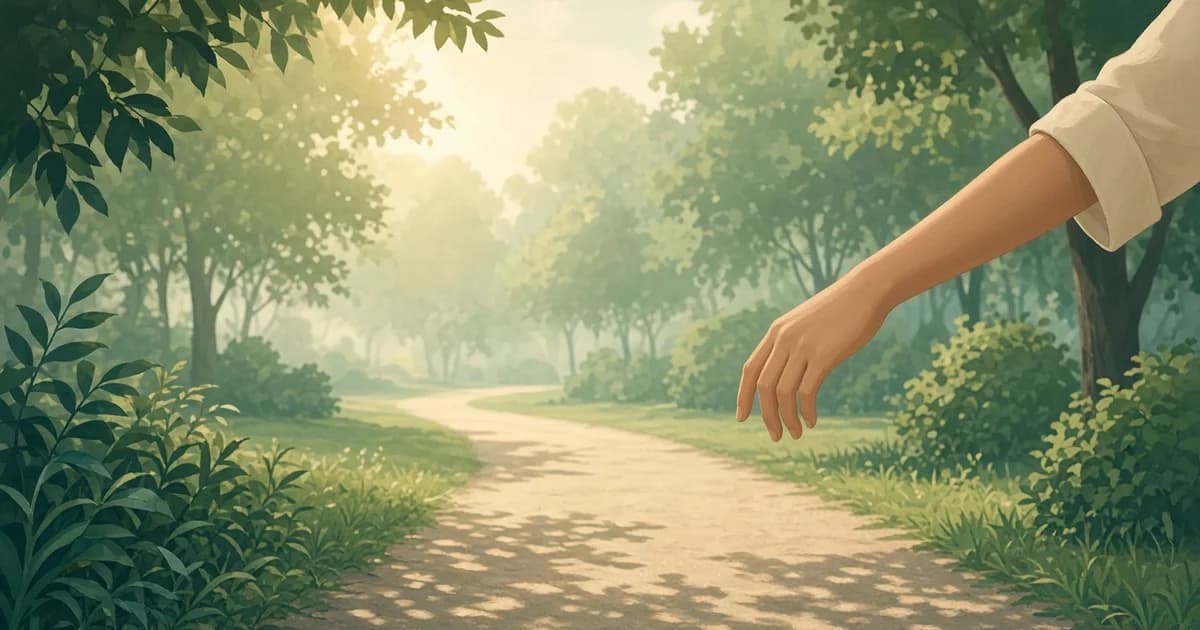 Illustrated relaxed bare wrist and hand beside a sunlit green park walking path.