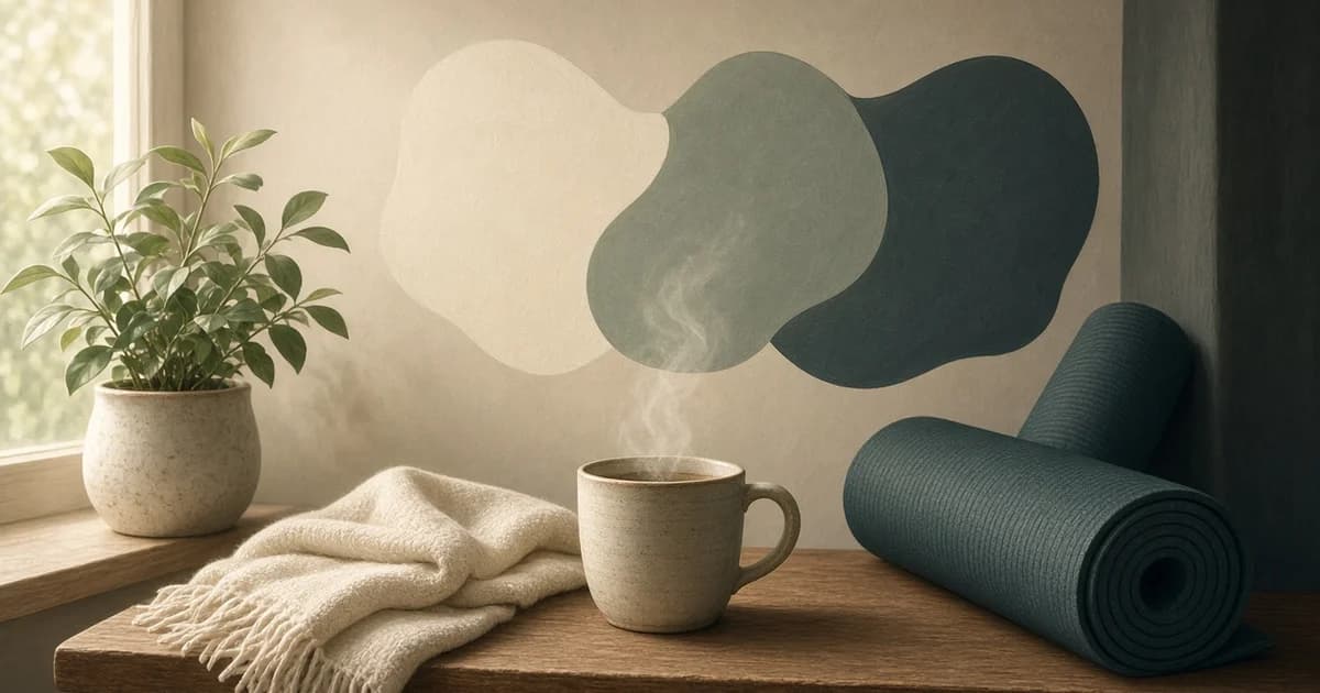 Calm illustration of a quiet morning at home: a rolled-up exercise mat set aside, a warm mug by the window, and soft light.